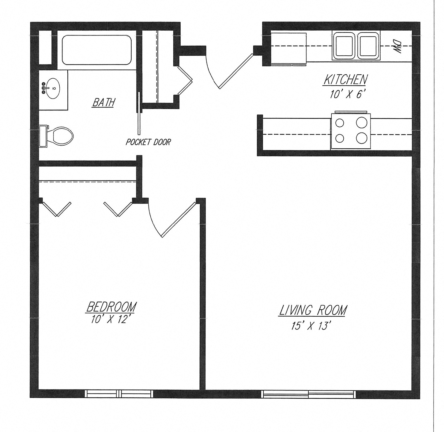Floor plan for 1 bed, 1 bath, 570 sqft
